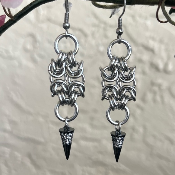 Handmade maille cz black spike dangly stainless steel earrings boho goth silver - Picture 11 of 13